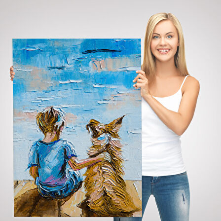 Göl Kenarında Oturan Çocuk ve Köpeği Duvar Tablo-5984