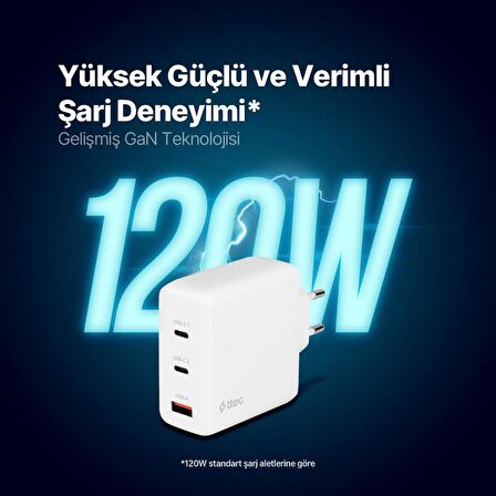 Ttec Süper Hızlı Gan 120W 2x PD Type C ve 1x USB Girişli Şarj Aleti, Akım ve Isı Korumalı Şarj Adaptörü