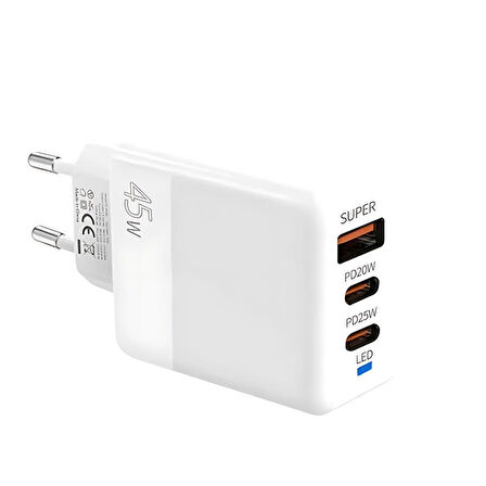 Polham 6A 45W 2x PD Type C 1x USB Şarj Başlığı, Universal Akıllı Şarj Adaptörü, Isı ve Akım Korumalı Beyaz