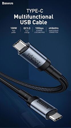 Baseus 1 Metre 60W Type C to Type C Şarj, Data ve 4K 60Hz Görüntü Aktarım Kablosu, 10Gbps QC3.0 Kablo