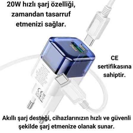 Polham Süper Hızlı 20W 1x Type-C,1x USB Şarj Başlığı ve 1 MT 60W Type C To Type C Kablolu Şarj Aleti