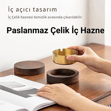 Polham Paslanmaz Çelik Yuvarlak Ultra Şık Küllük, Kapaklı Ceviz Ağacı Paslanmaz Çelik Kül Tablası Gold