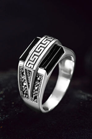 Erkek Gümüş Yüzük - Siyah Oniks Taşlı Grek Desenli Erkek Yüzük