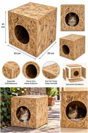 Reyo 43x41x29 cm Orta Boy Kedi Evi Ahşap Kedi Barınağı, Sokak Kedileri İçin Yağmur ve Su Geçirmez OSB CAT03