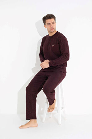 Erkek 3 Düğme Göğüs Cepli Kışlık Pamuklu Selanik Kumaş Uzun Manşetli Kol Cepli Pijama Takımı 