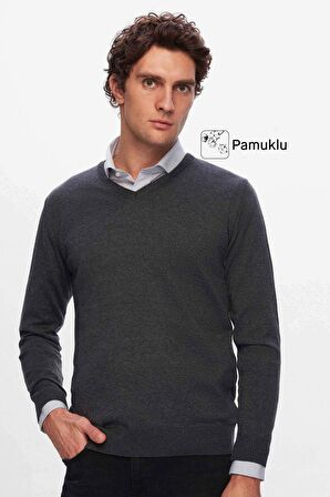 Ds Damat Regular Fit Antrasit Düz V Yaka Triko Kazak 5HF06ORT12003 5HF06ORT12003