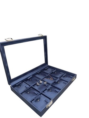 Yeni Cam Kapaklı İmera Deri Kumaş Lacivert Renk 34 cm / 24 cm Bölmeli Kolye Tablası