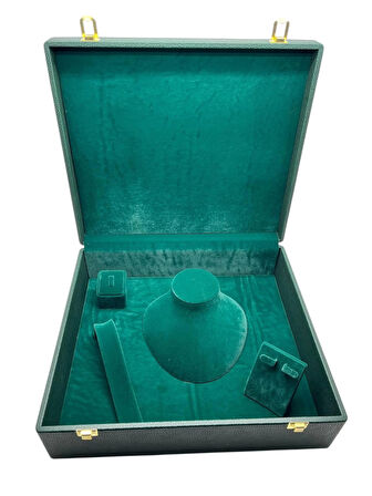 Deri Kumaş Yeşil Renk 40/35/13 cm Takı Sergileme Saklama Kutusu