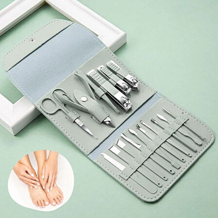 BUFFER® 16 Parça Manikür & Pedikür Seti – Paslanmaz Çelik, Deri Görünüm Çantalı, Unisex, Seyahat İçin İdeal