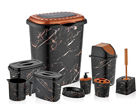 Omnipazar OZR-D053 X129 Siyah Mermer Desenli 9 Parça Plastik Banyo Seti