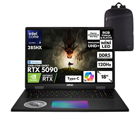 MSI Titan 18 HX Dragon Edition Norse Myth Ultra 9 285HX 96GB RAM 6TB SSD RTX5090 18" Gaming Laptop + HMF Sırt Çantası A2XWJG-272TRHMF