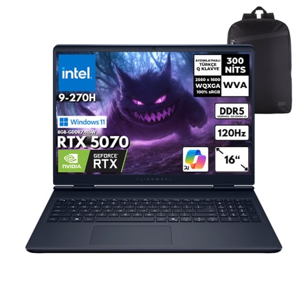 Dell Alienware 16 Aurora intel 9-270H 40-GBDDR5 1 TBSSD RTX5070 (8GB-115W-GDDR7) 16" 2K WQXGA 120Hz Windows 11 Home + QB Sırt Çantası AC16250-C932157WQB4