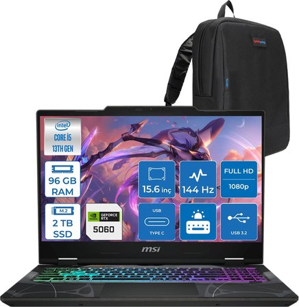 MSI Msı Cyborg 15 Intel Core I5 13420H 96GB Ddr5 2tb SSD RTX5060 Gddr7 8gb Freedos 15.6" Fullhd (1920X1080) 144HZ IPS Taşınabilir Bilgisayar B13WFKG491XTRF39 + Zetta Çanta