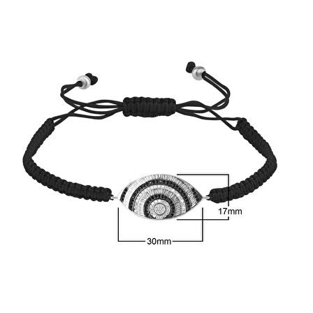 Zirkon Taşlı Pırlanta Montür Gümüş Rengi Altın Kaplama Siyah İpli Göz Desenli Gümüş Makrome Bileklik