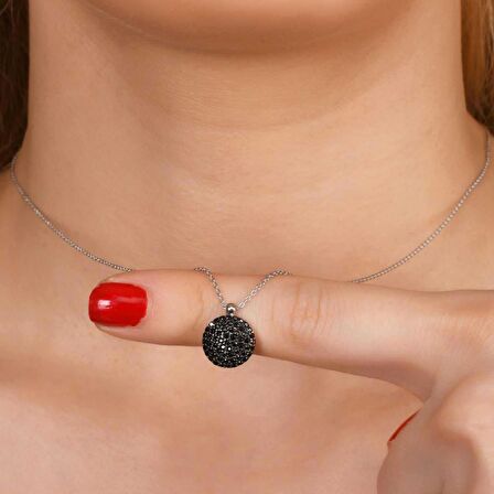 Siyah Taşlı Gümüş Rengi Kaplama 10.8 mm Yuvarlak Gümüş Kolye