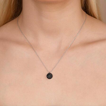 Siyah Taşlı Gümüş Rengi Kaplama 10.8 mm Yuvarlak Gümüş Kolye
