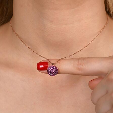 Kırmızı Taşlı Rose Altın Kaplama 10.8 mm Yuvarlak Gümüş Kolye