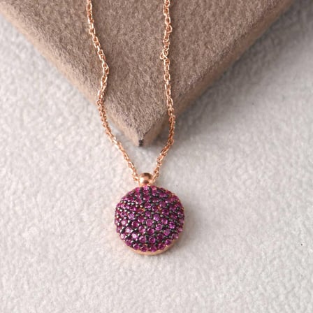 Kırmızı Taşlı Rose Altın Kaplama 10.8 mm Yuvarlak Gümüş Kolye