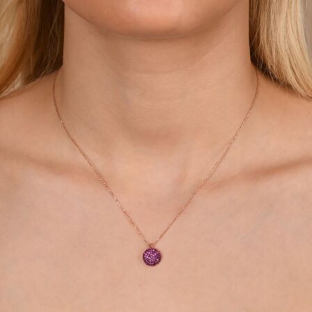 Kırmızı Taşlı Rose Altın Kaplama 10.8 mm Yuvarlak Gümüş Kolye