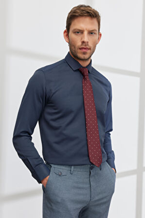 Erkek Lacivert Slim Fit Dar Kesim Italyan Yaka Armürlü Gömlek