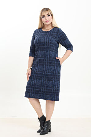 Çift Cepli Desenli Esnek Kışlık Büyük Beden Midi Elbise 5B-2743