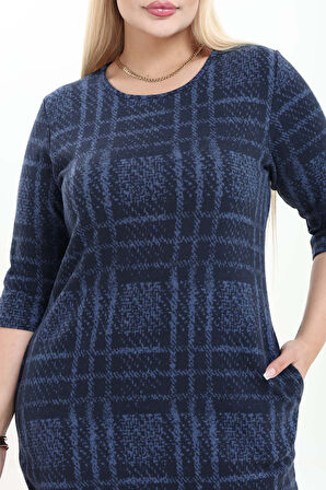 Çift Cepli Desenli Esnek Kışlık Büyük Beden Midi Elbise 5B-2743