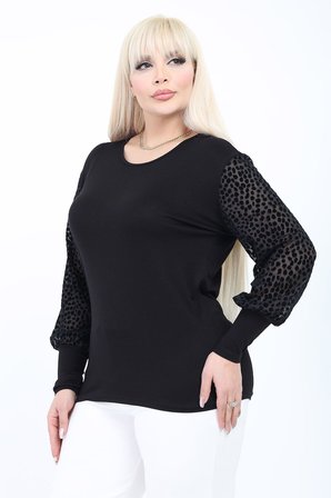 Siyah Büyük Beden Transparan Puantiyeli Tül Kol Bluz 5B-2776