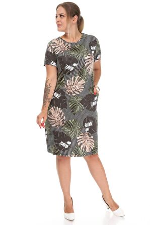 Yeşil Desenli Cepli Büyük Beden Elbise 5C-1223