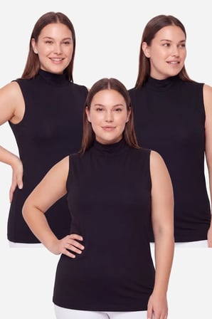 Kadın Büyük Beden Balıkçı Yaka Kolsuz Body Siyah 3'lü Paket Düz Renk Kombin Parçası Desensiz Giysi