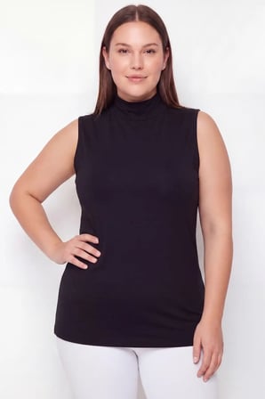 Kadın Büyük Beden Balıkçı Yaka Kolsuz Body Siyah 3'lü Paket Düz Renk Kombin Parçası Desensiz Giysi