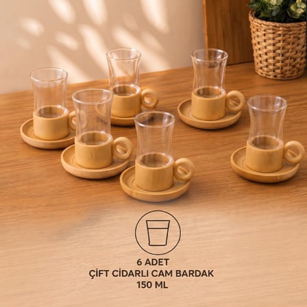 Delux Serisi Sofra Sunumu İkram Takımı Çay Seti Bambu Bardak Altığı Çift Cidarlı Cam 150 ml