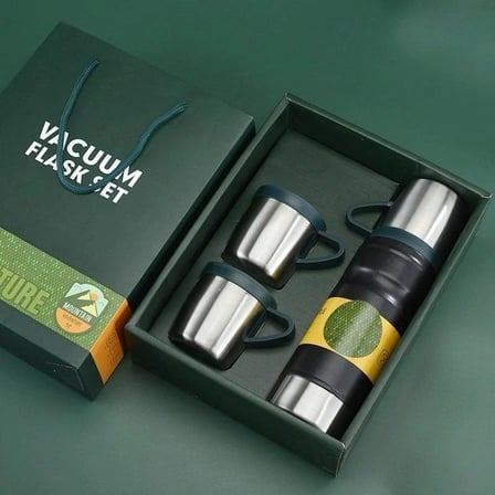 Premium Paylaşımlı Kap Çift Katlı Kamp Ürünü 6012 3 Bardaklı 680ml Termos Set Siyah