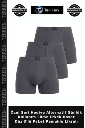 Özel Seri Hediye Alternatif Günlük Kullanım Füme Erkek Boxer Düz 3'lü Paket Pamuklu Likralı