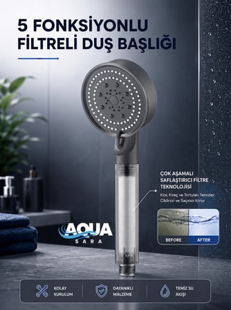5 Fonksiyonlu Filtreli Duş Başlığı Su Arıtmalı, Klor ve Kireç Önleyici, Yüksek Basınçlı