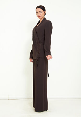 Pantolon ve Uzun Kollu Ceket Püskül Detaylı Şık İkili Takım