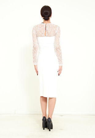 Dantel İşlemeli Gold Aksesuar Detaylı Midi Tasarım Elbise