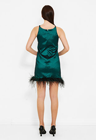 Taş İşlemeli Tüylü Tasarım Mini Elbise