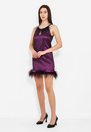 Taş İşlemeli Tüylü Tasarım Mini Elbise