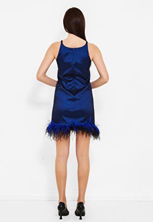 Taş İşlemeli Tüylü Tasarım Mini Elbise