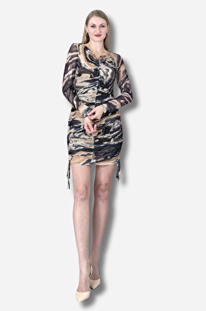 Büzgülü Etek Ucu Bağlamalı Dijital Baskı Tül Kumaş Mini Tasarım Elbise