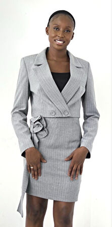 Kadın Blazer Detaylı Crop Ceket Etek Takım Elbise