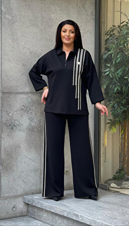 Favori Tekstil Özel Tasarım Taşlı Şerit Detaylı Bluz Pantolon Kadın Şık İkili Takım