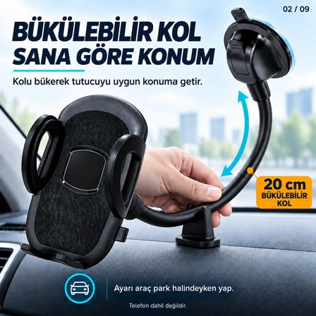 Dexxony HP-A03 Vantuzlu Araç İçi Telefon Tutucu 20 cm Bükülebilir Kol Cam ve Torpido Destek Ayaklı