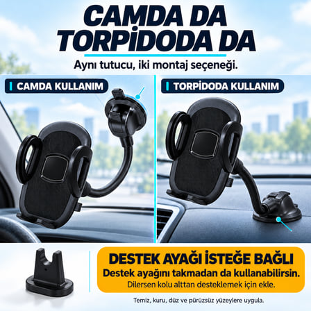 Dexxony HP-A03 Vantuzlu Araç İçi Telefon Tutucu 20 cm Bükülebilir Kol Cam ve Torpido Destek Ayaklı