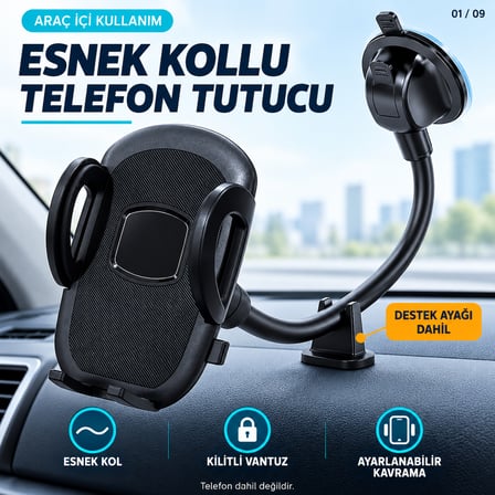 Dexxony HP-A03 Vantuzlu Araç İçi Telefon Tutucu 20 cm Bükülebilir Kol Cam ve Torpido Destek Ayaklı