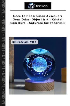 Gece Lambası Salon Aksesuarı Genç Odası Objesi Işıklı Kristal Cam Küre - Satürnlü Kız Tasarımlı
