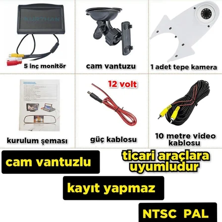 1 ADET BEYAZ TEPE KAMERA VE 5 İNÇ MONİTÖR 12 V KAYIT YAPMAZ