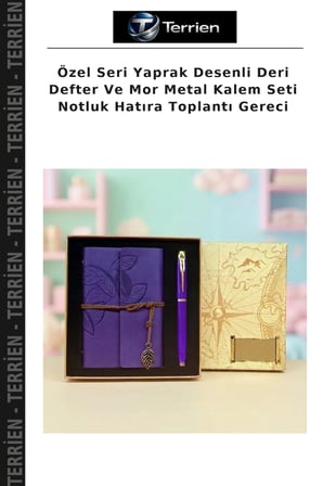 Özel Seri Yaprak Desenli Deri Defter Ve Mor Metal Kalem Seti Notluk Hatıra Toplantı Gereci