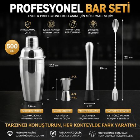 Perlotus Premium Kokteyl Seti 4 Parça Paslanmaz Çelik Bar Miksoloji Seti 500 CC Shaker Jigger Mojito Tokmağı Burgulu Karıştırma Kaşığı