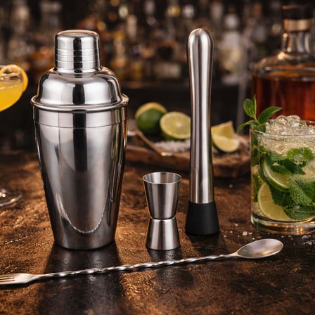Perlotus Premium Kokteyl Seti 4 Parça Paslanmaz Çelik Bar Miksoloji Seti 500 CC Shaker Jigger Mojito Tokmağı Burgulu Karıştırma Kaşığı